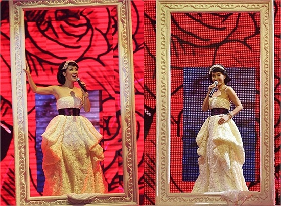 Ở đồ tuổi tứ tuần, Hồng Nhung vẫn chưa hết sến với kiểu mix đồ với nơ cài đầu.