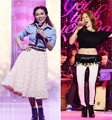 Quần cạp trễ và thắt lưng tua rua khiến chân cô trở nên thô và ngắn (phải). Đôi giày nặng nề cũng chưa phù hợp với chân váy bồng bềnh của Mỹ Tâm (trái).