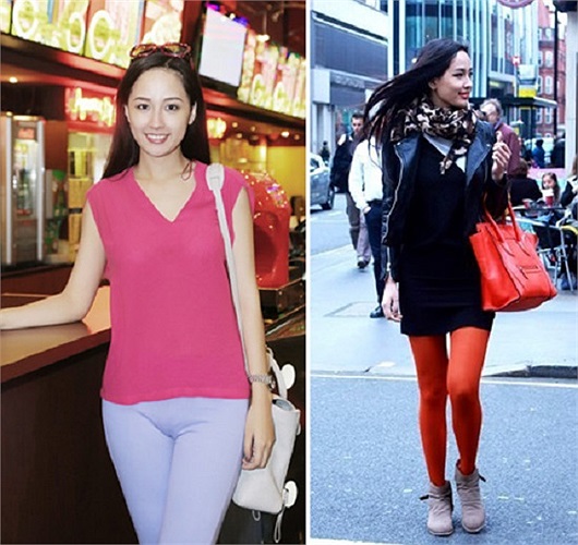 Hoa hậu Việt Nam 2006 từng nhận được nhiều chỉ trích khi mặc quần legging mỏng tang, để lộ điểm nhạy cảm của cơ thể. Trong ảnh phải, quần tất màu cam hợp tông với túi xách nhưng lại không ăn nhập với áo khoác da, khăn và váy đen.