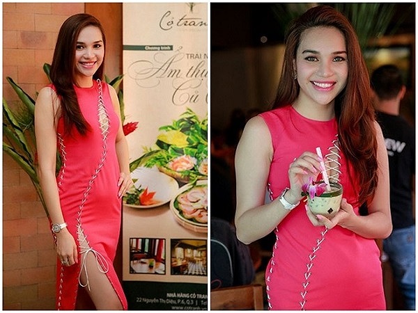 Diệu Hân cũng từng sở hữu một bộ cánh ấn tượng với đường cắt mạnh mẽ tại thân váy. Đường xẻ này được kết nối với những sợi dây đan xen để người mặc có thể tùy ý chọn lựa Diệu Hân biết tiết chế khi cô chọn cách phô diễn cơ thể ở mức an toàn. 