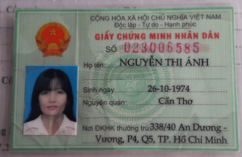 Giấy CMND mang tên Nguyễn Thị Ánh, nhưng hình của kẻ lừa đảo ôtô Altis của anh Nguyễn Anh Khoa. Giấy CMND mang tên Nguyễn Thị Ánh, nhưng hình của kẻ lừa đảo ôtô Altis của anh Nguyễn Anh Khoa.