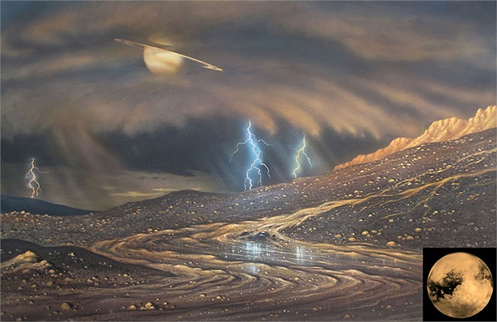 Mưa metan: Titan là vệ tinh lớn nhất của sao Thổ với nhiệt độ -185 độ C. Tại đây chất metan bị bốc hơi tạo thành những đám mây và tạo mưa bão trên bề mặt hành tinh. Sau Trái Đất, Titan cũng là nơi có nhiều sông hồ chứa chất lỏng bậc nhất. 