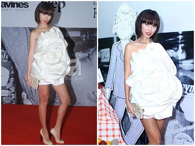 Bộ cánh có điểm nhấn hoa hồng như 'nuốt chửng' người mặc. Phần thân váy lùm xùm tạo cảm giác nặng nề đưa Hà Anh vào danh sách mỹ nhân có trang phục bị chê nhiều nhất năm 2013. (Theo Zing.vn)