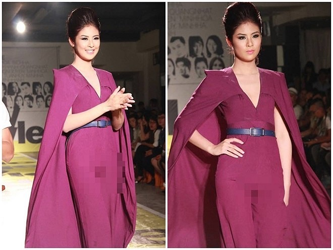 Hoa hậu Việt Nam 2010 gặp sự cố lộ vùng nhạy cảm khi trình diễn một mẫu jumpsuit có phần quần ôm sát. 