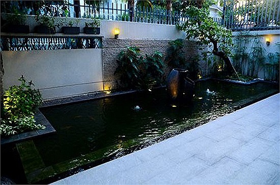 Phần trước của căn biệt thự với hồ nước nhỏ được sử dụng làm nơi tổ chức tiệc rượu.