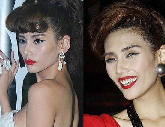 Nếu Hoàng Yến ở ngoài đời xinh đẹp giản dị bao nhiêu thì trong tấm hình này, chân dài trở nên khô cứng bấy nhiêu với đường kẻ mắt đậm, thấy rõ từng lớp phấn. 