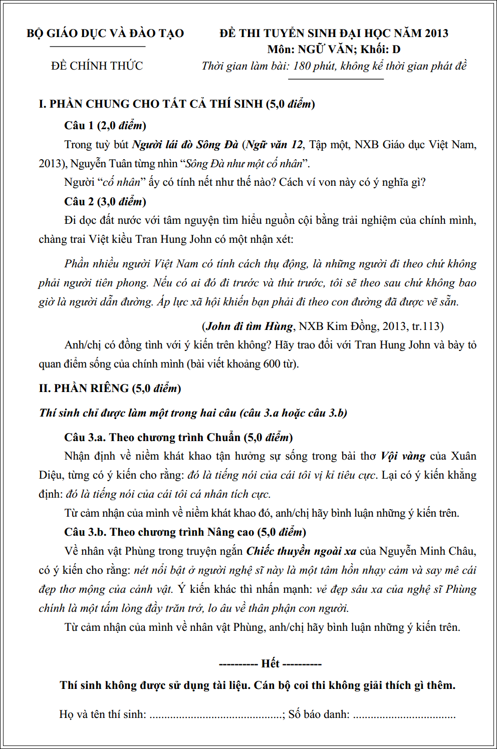 Những đề văn dậy sóng dân mạng năm 2013