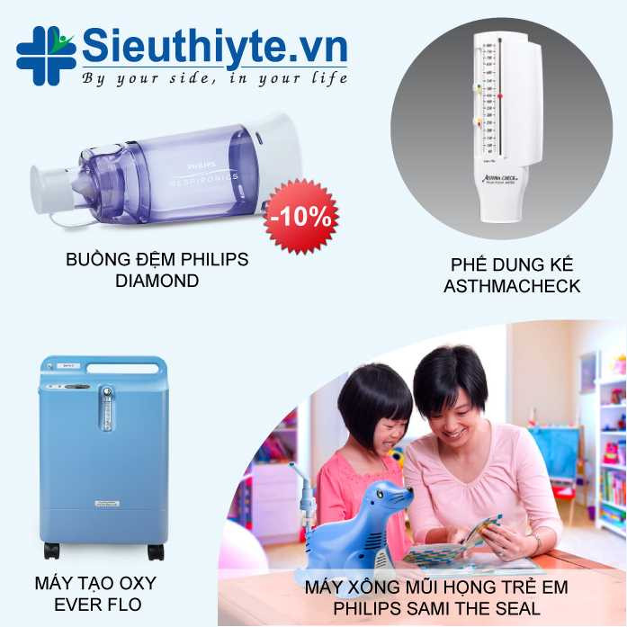 Sản phẩm Philips Respironic: máy xông mũi họng Sami, máy tạo oxy EverFlow, Buồng đệm Daimond, Ashtma Check