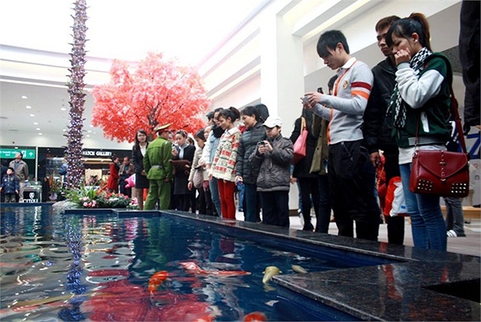  Vào Vincon Mega Mall Times City bằng cổng chính, ngay phía dưới, khách hàng sẽ được chiêm ngưỡng hồ cá cảnh đẹp mắt.