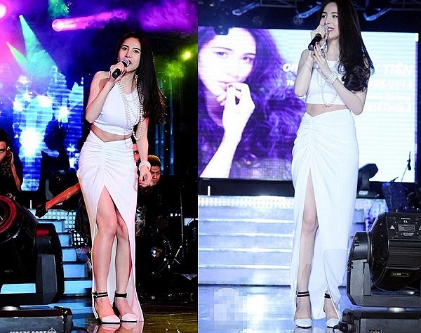 Váy xẻ cao chính là trang phục thường thấy của Thủy Tiên mỗi khi lên sân khấu biểu diễn.