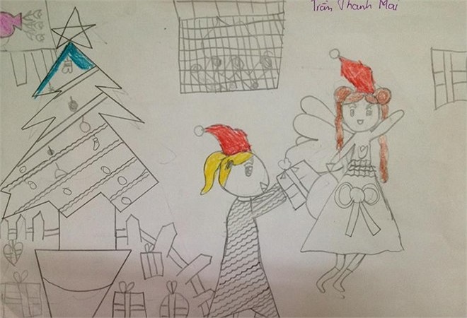 Bức tranh vẽ thiên thần tuyết trao quà cho em nhỏ. 