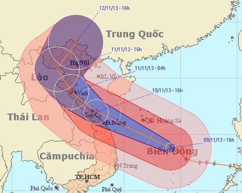 Bão Haiyan đang bẻ quặt hướng lên phía bắc. Nguồn: Nchmf