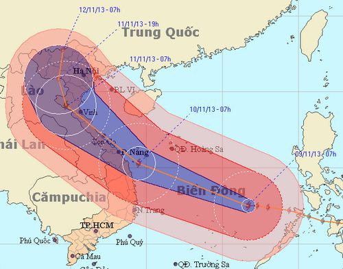Siêu bão Haiyan sẽ đi vào vùng biển các tỉnh miền Trung vào sáng mai. Nguồn: Nchmf