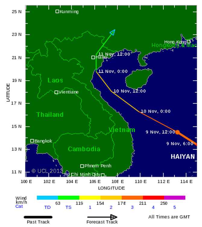 Các chuyên gia dự báo quốc tế đồng loạt dự báo đường đi của bão Haiyan quét dọc từ miền Trung ra Bắc, gây mưa lớn cho đồng bằng. Trong ảnh, các chuyên gia Mỹ dự đoán bão sẽ hướng ra miền Bắc Việt Nam