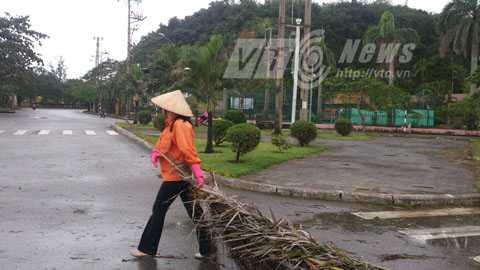 Công nhân môi trường đô thị quận Đồ Sơn đang thu dọn rác sau bão
