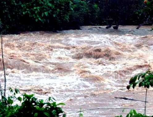 Mưa lớn kéo dài khiến mực nước lũ dâng cao ở khu vực đầu nguồn các dòng sông, suối ở Quảng Ngãi. Ảnh: Trí Tín.