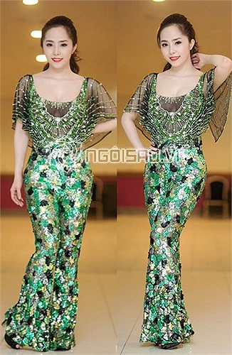 Quỳnh Nga sẽ rất xinh đẹp và lộng lẫy nếu chỉ nhìn từ phần đai lưng trở lên, quần phía dưới sequin lòe loẹt quá đà không những thế còn dáng ống loe khiến cô trông như những mỹ nhân yêu tinh nhền nhện trong phim Tây Du Ký bản năm 1997.