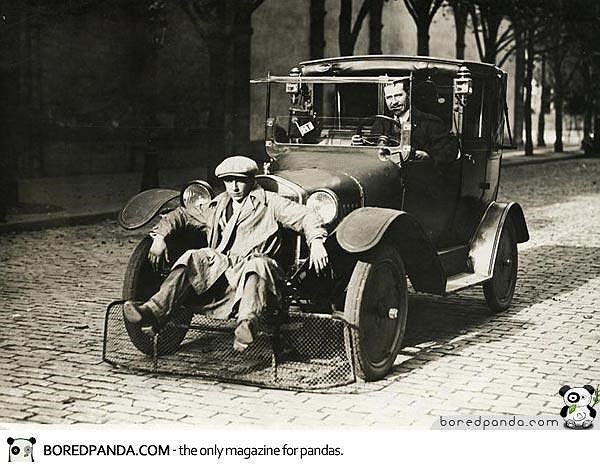 Invention of a safety device attached to the front of a car to prevent injury when hitting a pedestrian in France in 1924.