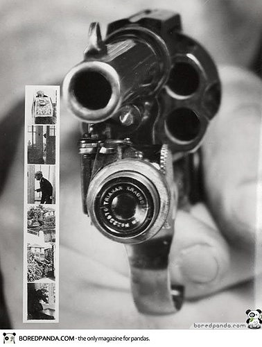 Colt 38 pistol with small camera attached and taking pictures when the trigger is pulled in New York, USA in 1938.