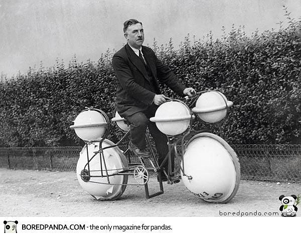 The bicycle, which can travel on land and water, was invented in Paris in 1932.  