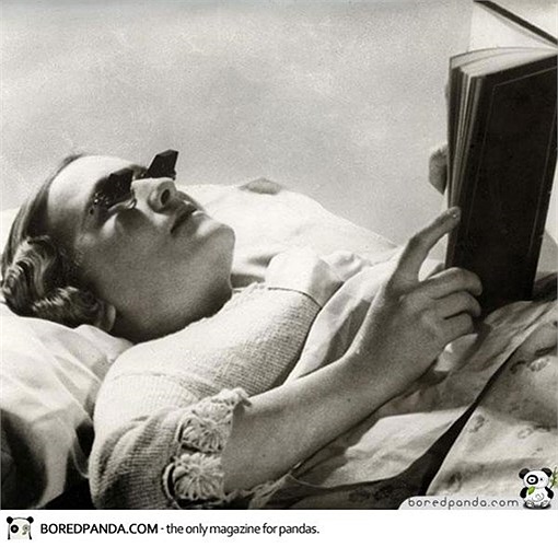 Reading glasses were invented in England in 1936. No need to sit, you can still read comfortably while lying in bed.