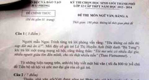 Đề thi học sinh giỏi của TP Hải Phòng xôn xao dư luận 