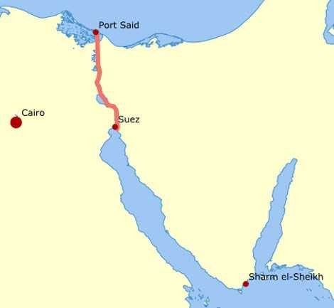 Trong ảnh, đường vẽ màu đỏ là kênh đào Suez nối giữa Địa Trung Hải và biển Đỏ.