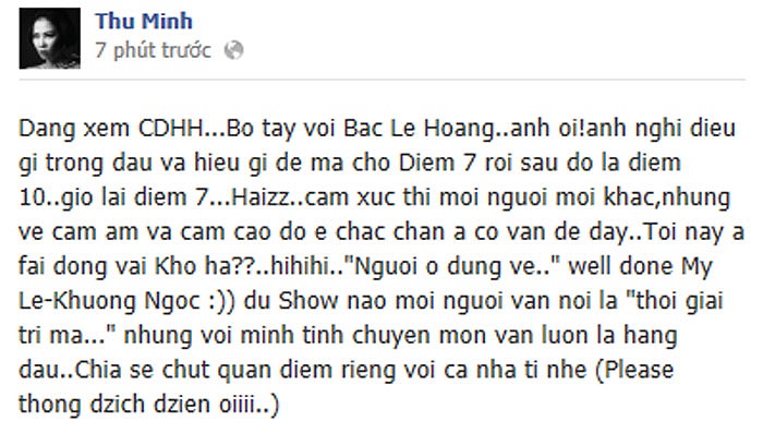 Thu Minh thẳng thắn phản ứng với cách chấm điểm trong chương trình Cặp đôi hoàn hảo của Lê Hoàng. Bởi với Thu Minh, tính chuyên môn phải được đặt lên hàng đầu.