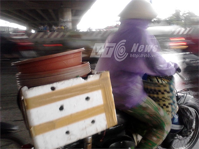 Chở thùng đá chứa cua biển, người phụ nữ vội vã chạy trốn mưa trên Đại lộ Nguyễn Văn Linh (Q.7). 