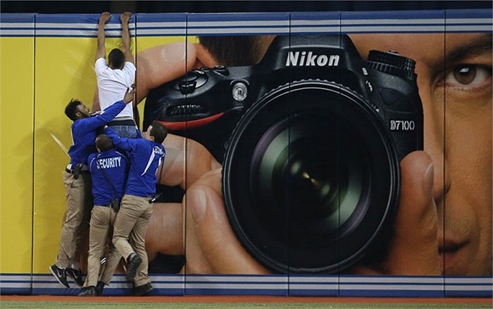 Một cổ động viên quá khích đang cố gắng trèo khỏi đường biên khi bị bảo vệ bắt giữ trong một trận bóng chày ở Toronto, Ontario, Canada