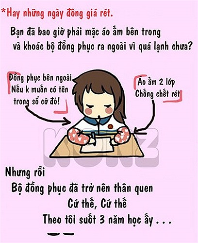 Những ngày giá rét, đồng phục sẽ được mặc bên ngoài còn áo ấm 2 lớp chống rét sẽ mặc bên trong.