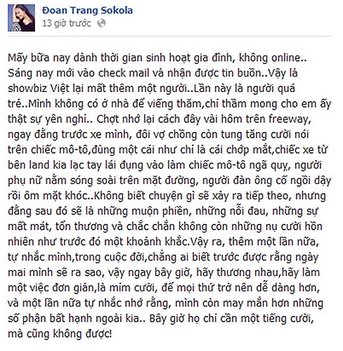 Đến ngày hôm nay Đoan Trang mới biết tin về Wanbi Tuấn Anh, cô không giấu được nỗi buồn của mình về người em xấu số.