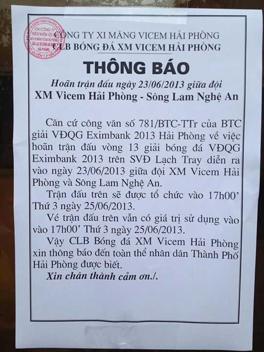 Hoãn trận V-Hải Phòng- SLNA