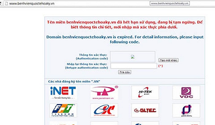 Trong khi đó, tên miền website bệnh viện này đã bị tạm ngừng do hết hạn sử dụng