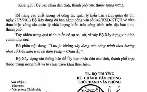 Công văn đính chính khẩn của Bộ Xây dựng.