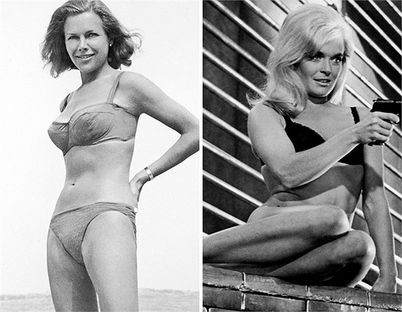 Goldfinger: Pussy Galore (Honor Blackman đóng) và Jill Masterson (Shirley Eaton) cùng có cảnh khoe dáng đẹp với bikini trong phim.
