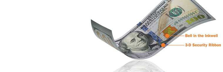 Những đặc điểm bảo an khác: bóng chìm chân dung, đường chỉ bảo an, và số 100 đổi màu.