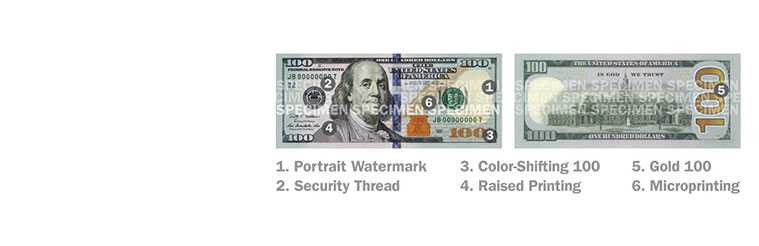 Những đặc điểm bảo an khác: bóng chìm chân dung, đường chỉ bảo an, và số 100 đổi màu.