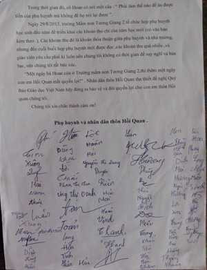  Lá đơn của hàng chục phụ huynh phản ánh bức xúc với hiệu trưởng Trường MN Tương Giang 2 Nguyễn Thị Hoan gửi báo chí.