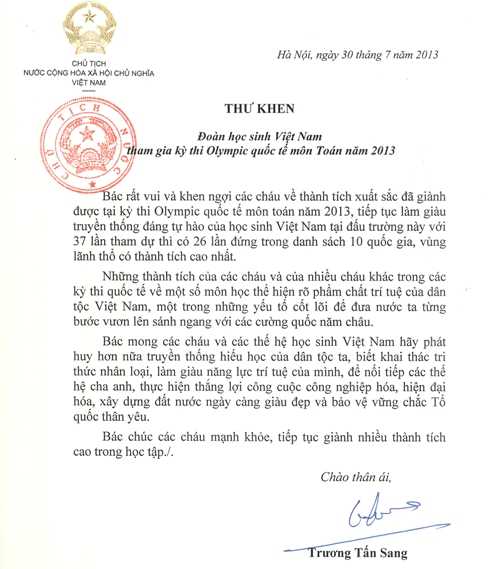 thư khen của chủ tịch nước