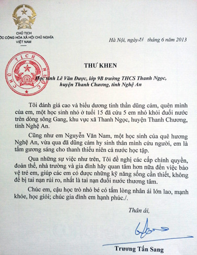 Thư khen của Chủ tịch nước