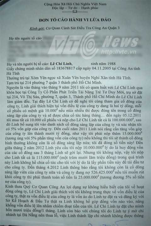 Đơn tố cáo hành vi lừa đảo của Lê Chí LInh do học viên gửi tới VTC News 