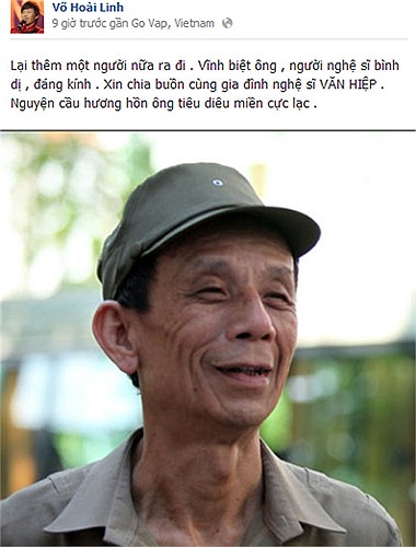 Nghệ sĩ Hoài Linh: Lại thêm một người nữa đi xa. Vĩnh biệt ông, người nghệ sĩ bình dị, đáng kính. Xin chia buồn cùng gia đình nghệ sĩ Văn Hiệp. Nguyện cầu hương hồn ông tiêu diêu miền cực lạc.