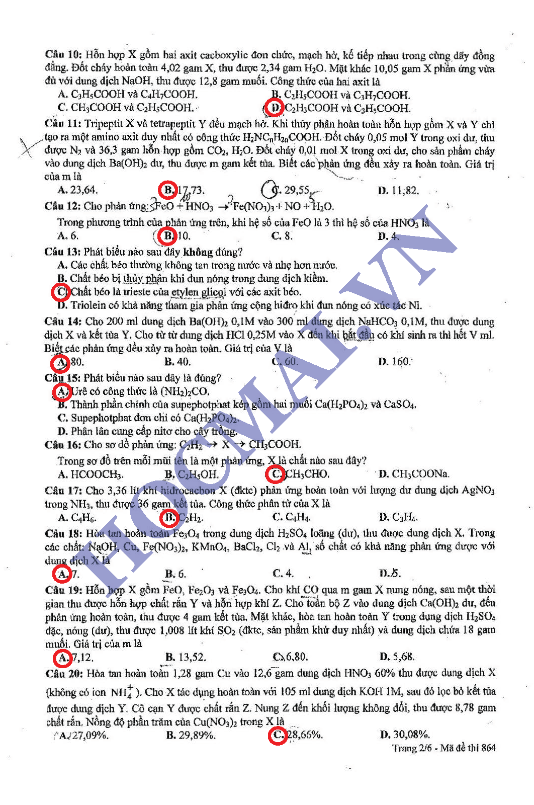 đáp án môn hóa học 2013