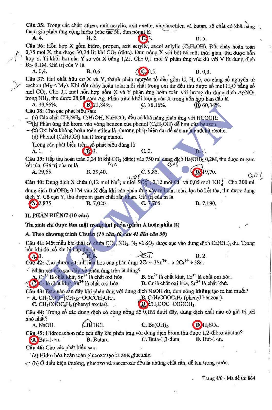 đáp án môn hóa học 2013