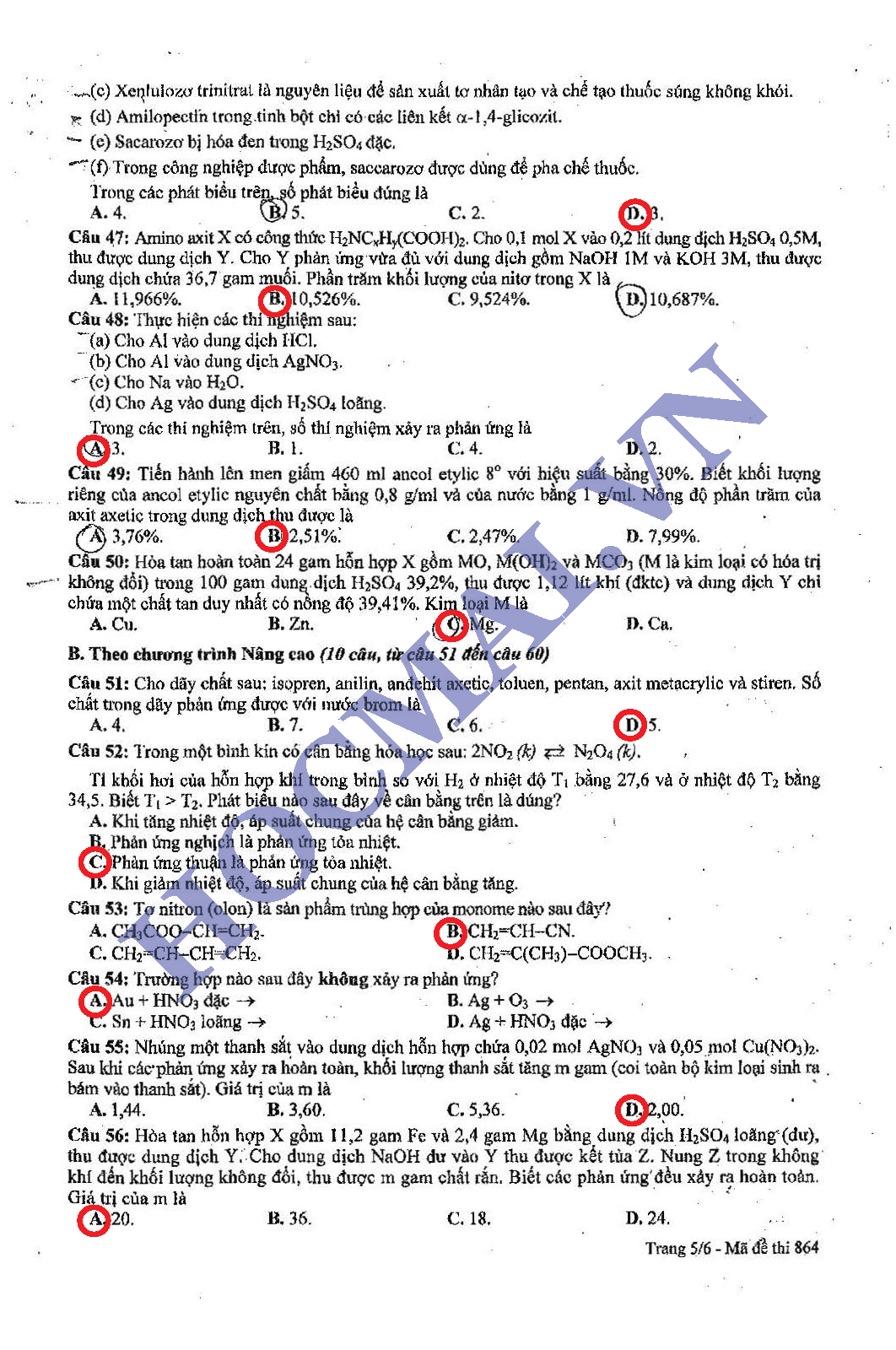 đáp án môn hóa học 2013