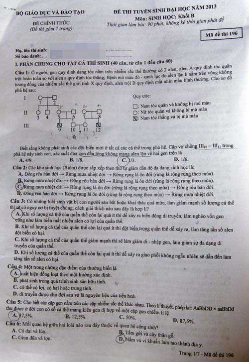 đề sinh học 2013