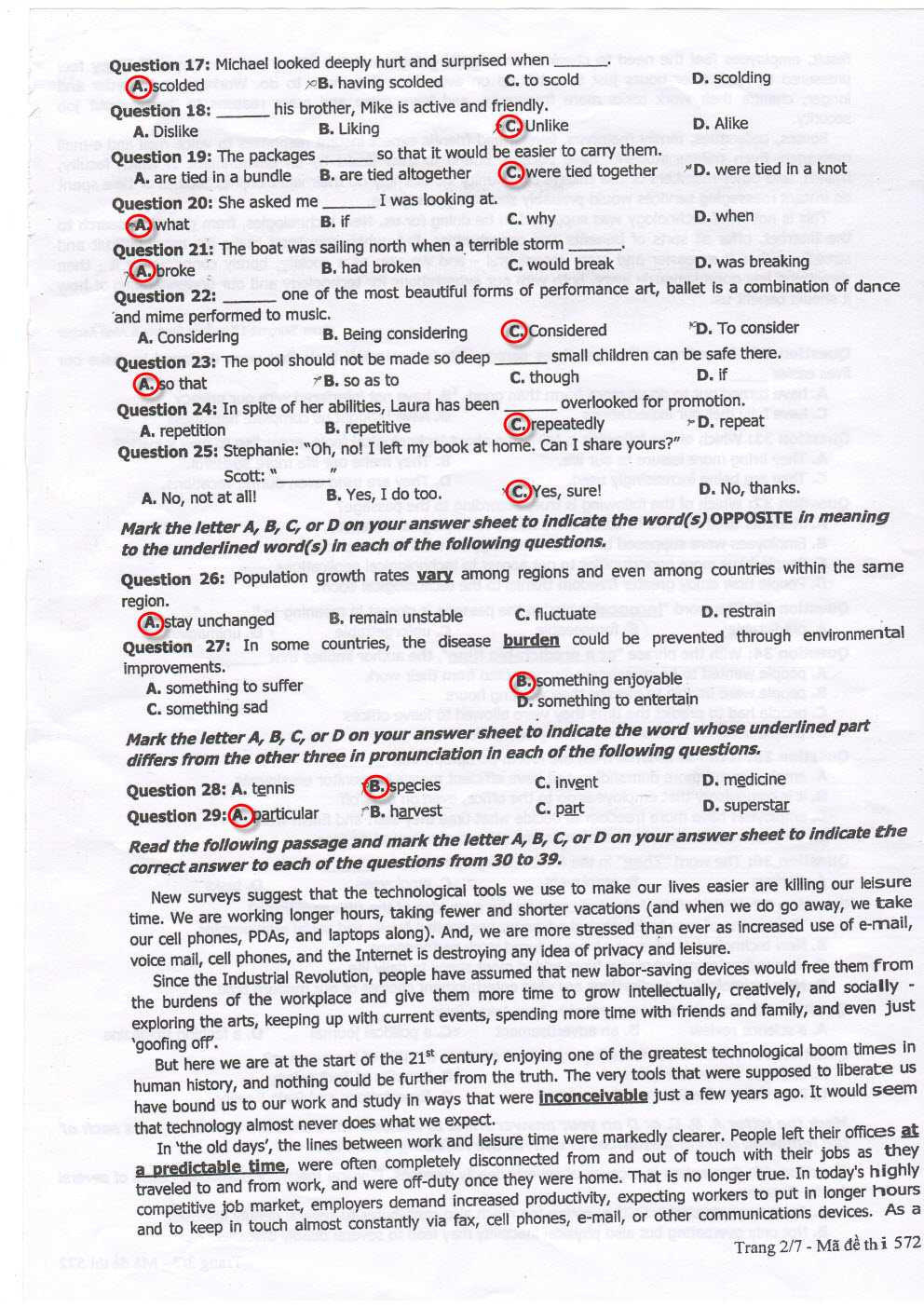 đáp án Tiếng Anh 2013