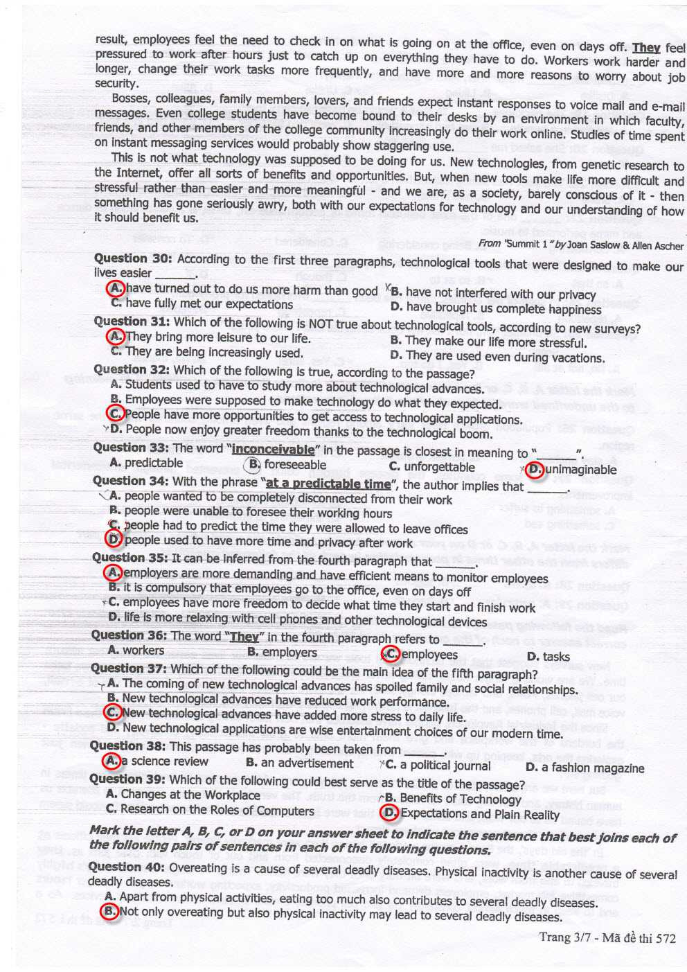 đáp án Tiếng Anh 2013