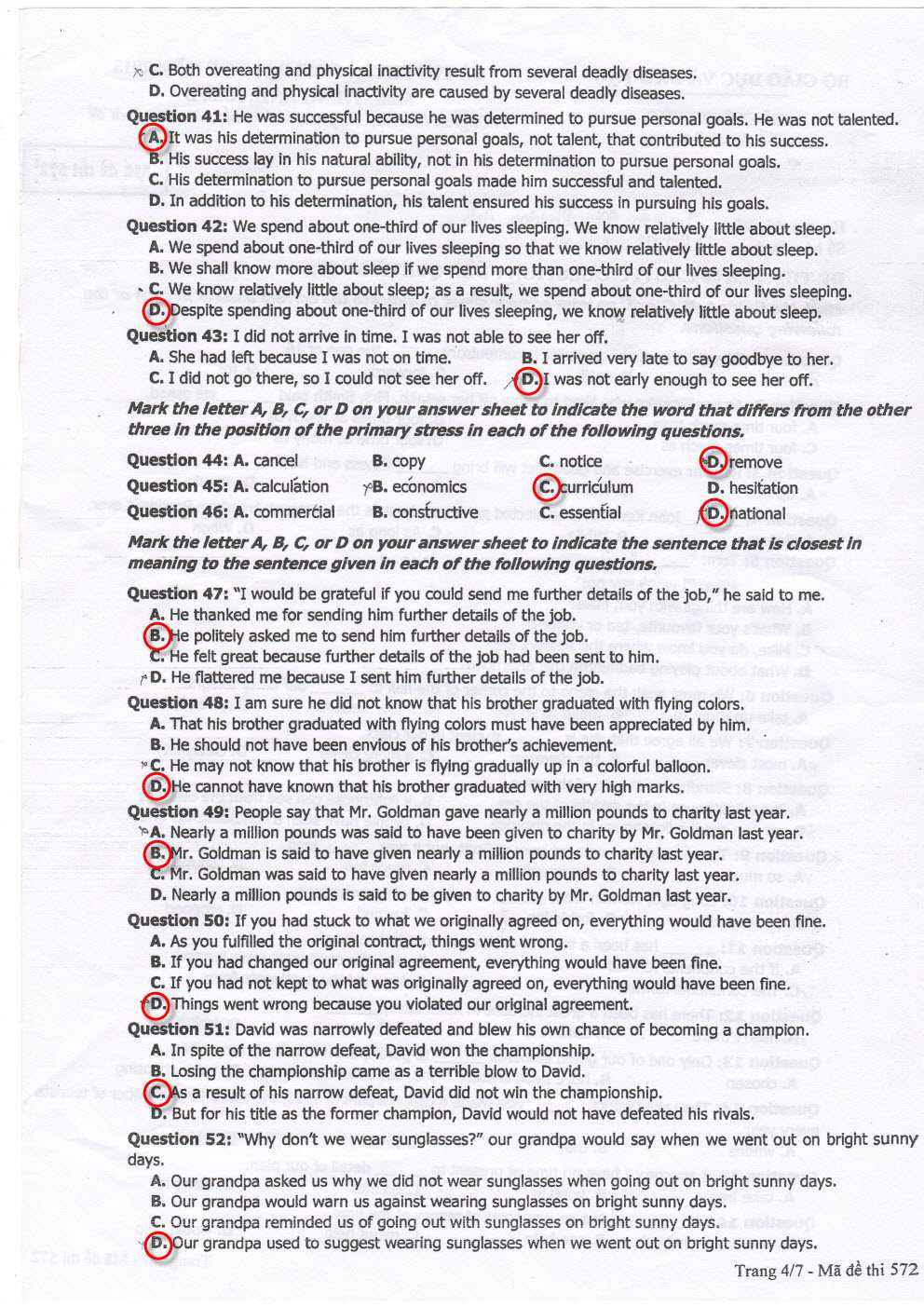 đáp án Tiếng Anh 2013